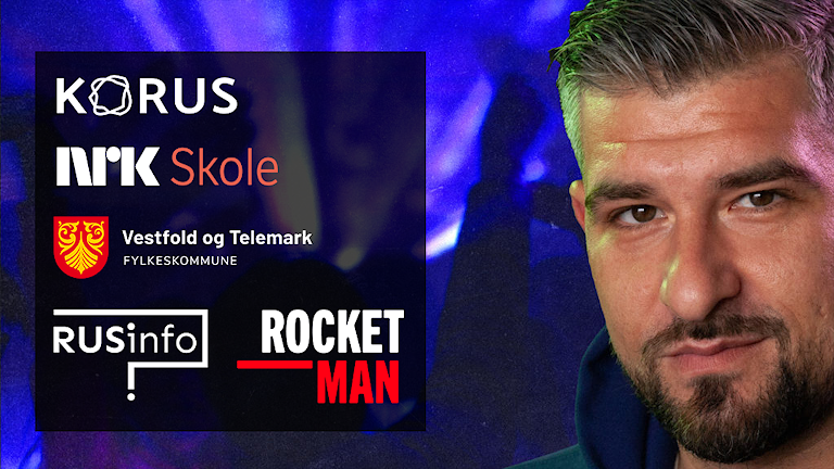 Nærbildet av en mann med skjegg, logoer ved siden av