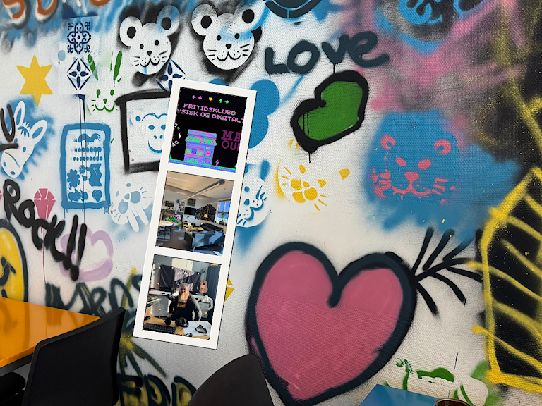 En vegg med grafitti påklistret bildet av lederen for radiostasjonen, et bilde av studio og en digital versjon av klubben.