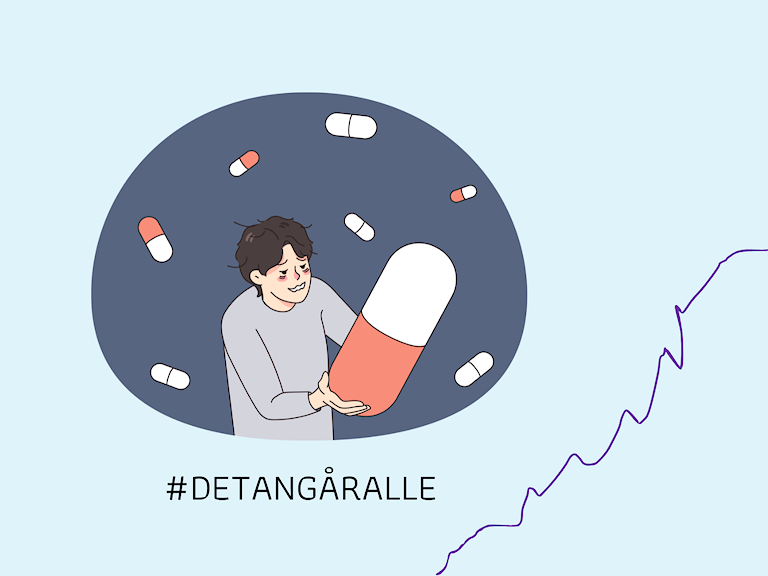 Illustrasjon av en mann som holder et pille.