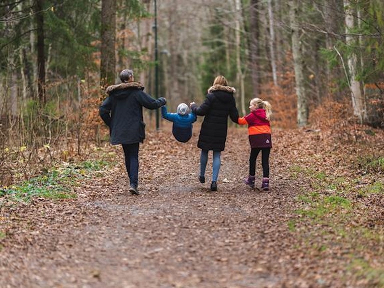 En familie med mor, far og to barn går en tur i skogen. Det er høst og de virker glade og fornøyde. Foto: Jonas Ingstad