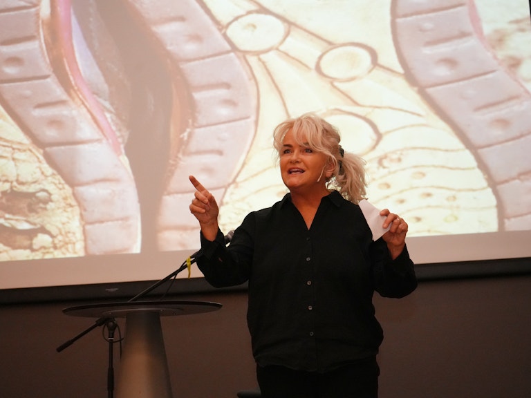 Karin Gustavsen holder foredrag. Hun er engasjert, vifter med armene og forklarer. I bakgrunnen har hun et bilde av to, små, slitte barnesko.