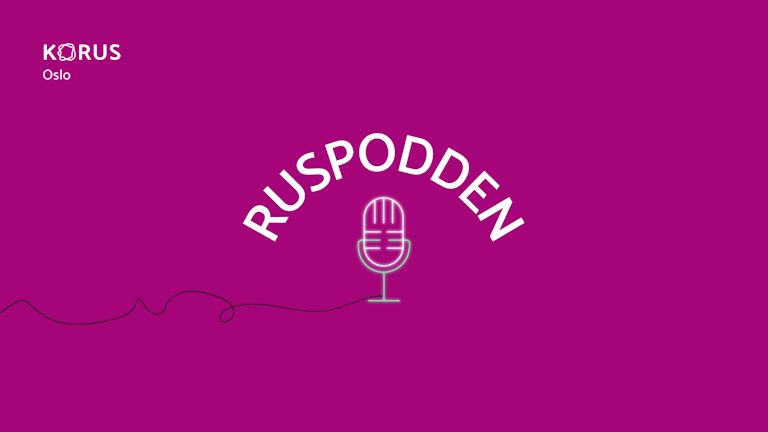 Logo for Ruspodden: Et vinglass og en pille som sammen utgjør en mikrofon under teksten "ruspodden".