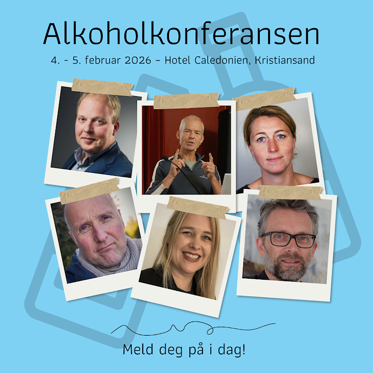 Plakat med bilde av flere av foredragsholderne på alkoholkonferansen.
