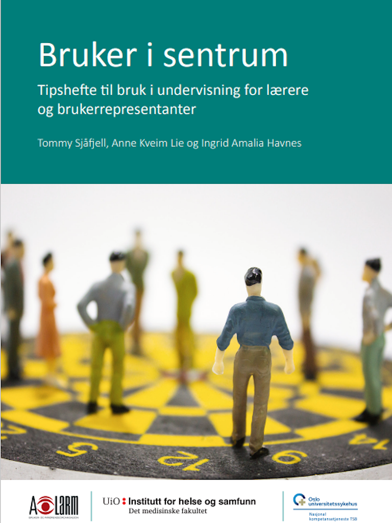 Bilde av forsiden til tipsheftet Bruker i sentrum. Forsiden har en illustrasjon med en stor gruppe mennesker, som ser ut som leketøysfigurer.