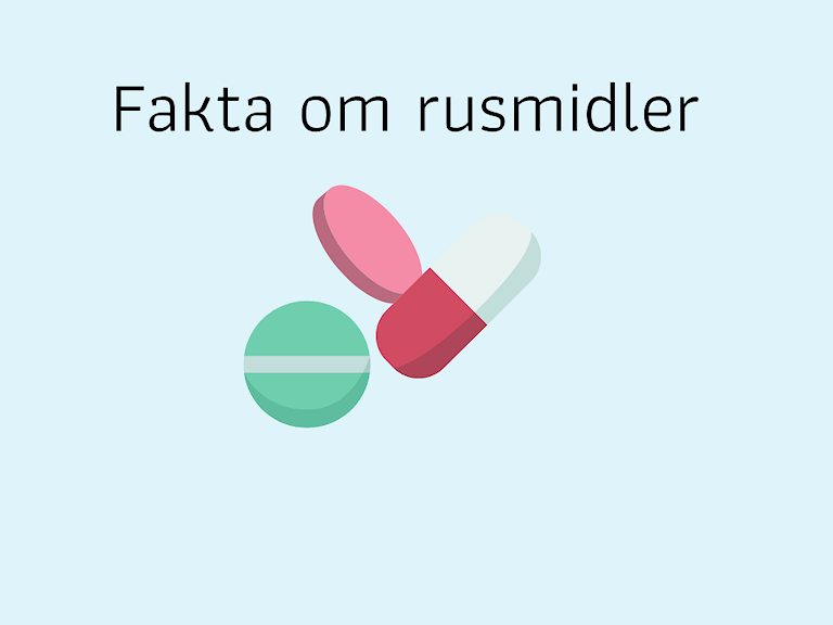 Illustrasjon av piller på blå bakgrunn med teksten "Fakta om rusmidler"