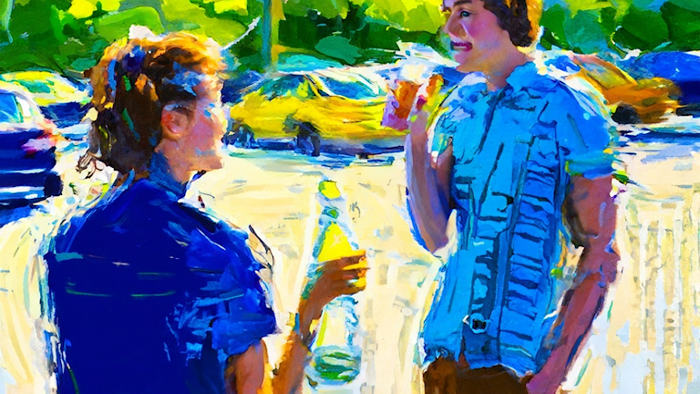 KI-bilde av to ungdommer som drikker på en gate med biler i bakgrunnen