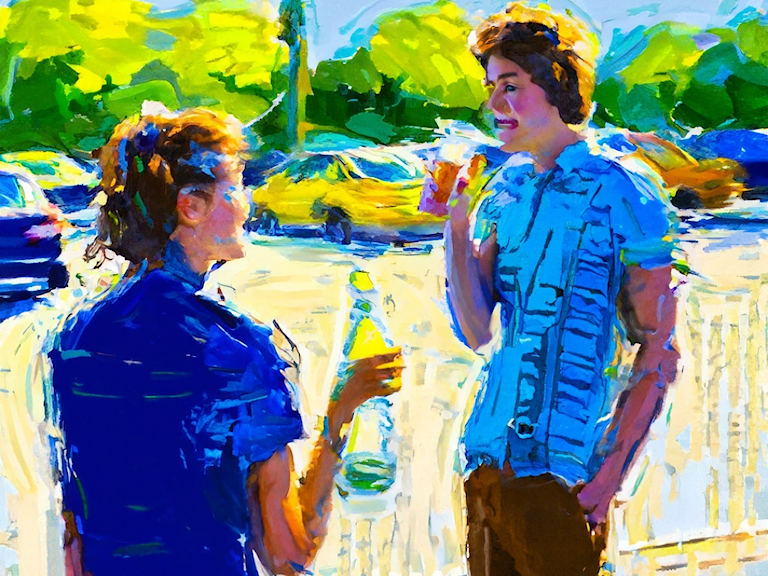 KI-bilde av to ungdommer som drikker på en gate med biler i bakgrunnen