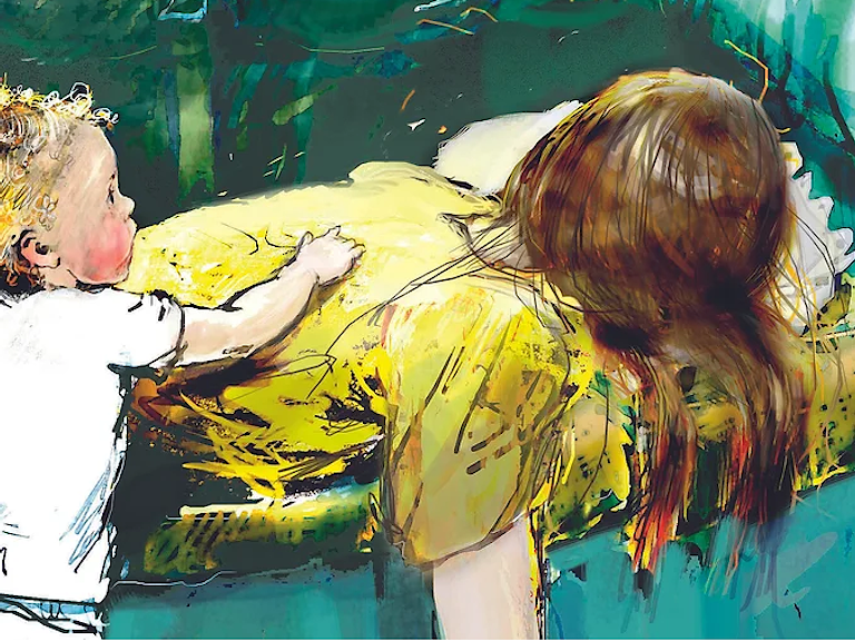 Illustrasjon av barn som brer over sin mor som ligger på en sofa med ansiktet ned.