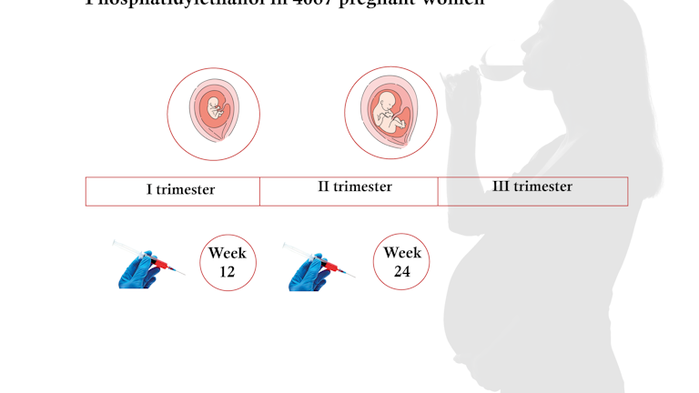 illustrasjon med gravid kvinne som drikker vin og bilde av blodprøver i uke 12 og uke 24