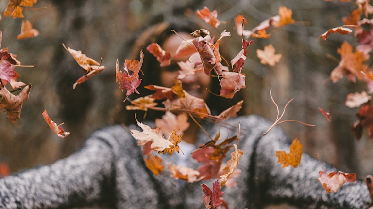 Photo of a young woman with autumn leaves