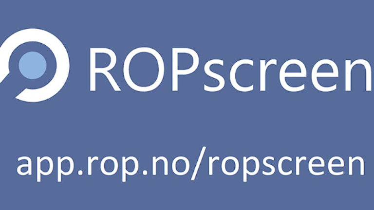 hvit skrift på blå bakgrunn med ordene ROP screen og nettdresse til verktøyet