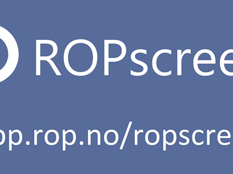 hvit skrift på blå bakgrunn med ordene ROP screen og nettdresse til verktøyet